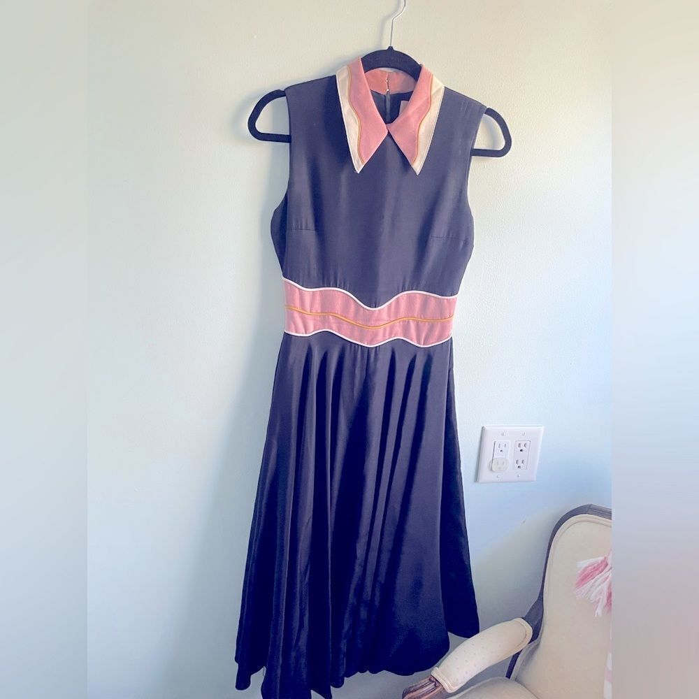 Roksanda navy blue silk dress‎ with pink collar size 6